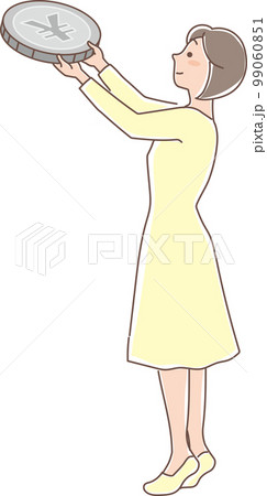 積み立て_銀色のコインの積立_コインを掲げる女性_全身 99060851