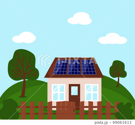 Country house with solar battery panels on roof, vector Country house with solar battery panels on roof, vector 99061613
