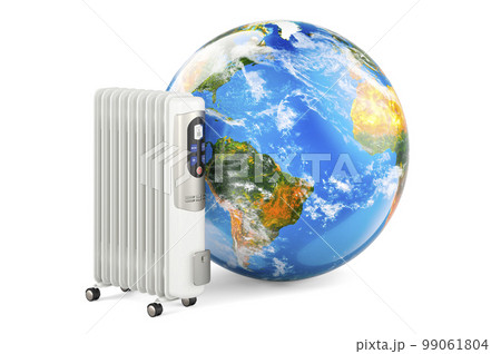 Electric oil heater with Earth Globe, 3D rendering 99061804