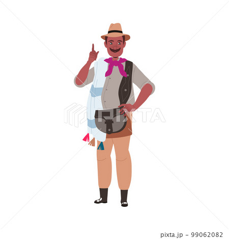 Mustached Man Farmer in Straw Hat with Bag Standing Showing Finger Notice Gesture Vector Illustration 99062082