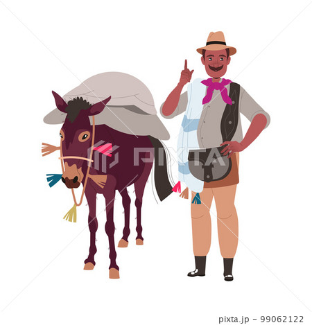 Man in Hat Standing at Donkey Carrying Sacks with Coffee Crop Vector Illustration 99062122