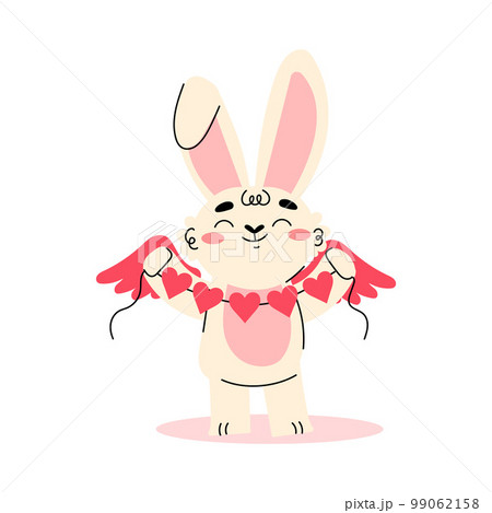 Cute Cupid Bunny with Wings Holding Heart Garland Vector Illustration 99062158