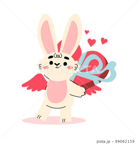 Cute Cupid Bunny with Wings Hiding Gift Box Behind Vector Illustration 99062159