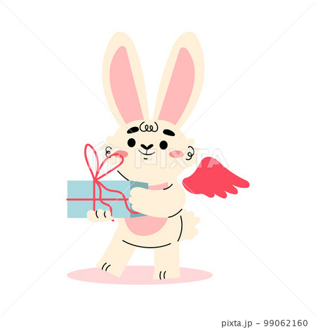 Cute Cupid Bunny with Wings Holding Wrapped Gift Box Vector Illustration Cute Cupid Bunny with Wings Holding Wrapped Gift Box Vector Illustration 99062160
