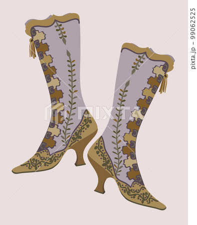 High-heeled vintage boots with floral decoration. Vector illustration isolated on light background. 99062525