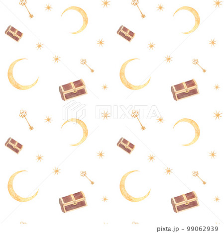 Watercolor seamless pattern with chest, feathers, keys, moons 99062939