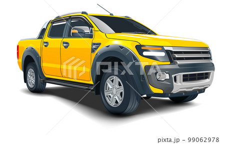 Realistic 3D vector yellow pickup four doors on white background Realistic 3D vector yellow pickup four doors on white background 99062978