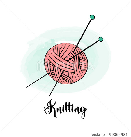 Knitting. Ball of wool and two needles stuck into it. Symbol of knitting. Cute hand drawn handicraft design element. Handmade hobby Knitting. Ball of wool and two needles stuck into it. Symbol of knitting. Cute hand drawn handicraft design element. Handmade hobby 99062981