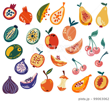 Fruit Set. Tropical fruits, pomegranate, cherry, pear, apple, kiwi, peach, mango, fig, papaya. Sweet healthy food. Vector cartoon hand draw illustration Fruit Set. Tropical fruits, pomegranate, cherry, pear, apple, kiwi, peach, mango, fig, papaya. Sweet healthy food. Vector cartoon hand draw illustration 99063062