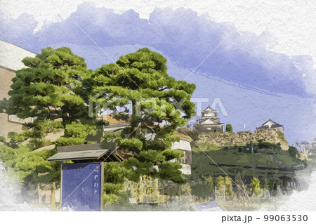 水彩画風　浜松城　家康公鎧掛松　静岡県浜松市 99063530