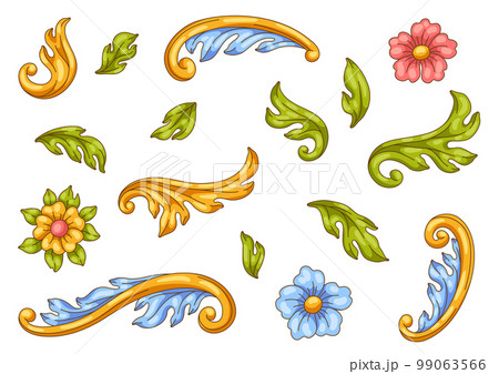 Decorative set of floral elements in baroque style. Colorful curling plant. 99063566