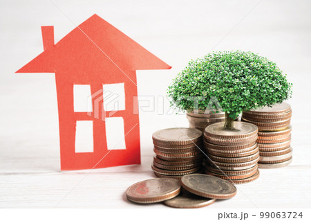 House model with growing plant on stack of coin money, home loan, saving plan, installment payment finance and banking concept. 99063724