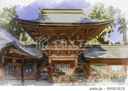 水彩画風　一之宮貫前神社　楼門　群馬県富岡市 99063828