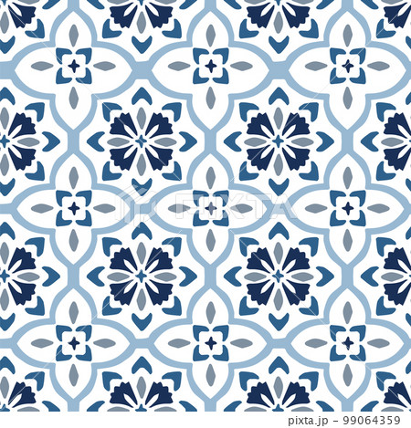 Portuguese azulejos floral tile design. Hand drawn ornamnetal blue Moroccan seamless pattern for Ramadan greeting cards. Islamic background, fabric, arabic web banner. Decorative vector illustrations. 99064359