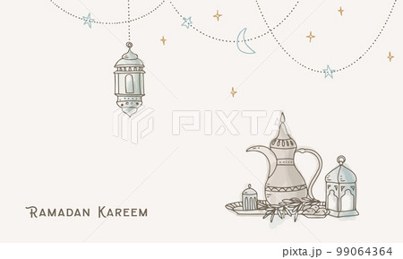 Greeting card, invitation. Muslim holiday Ramadan Kareem. Iftar dinner. Date fruit, arabic dallah coffee pot. Moroccan lantern. Hanging garland of stars, lights. Watercolor hand drawn vector Greeting card, invitation. Muslim holiday Ramadan Kareem. Iftar dinner. Date fruit, arabic dallah coffee pot. Moroccan lantern. Hanging garland of stars, lights. Watercolor hand drawn vector 99064364