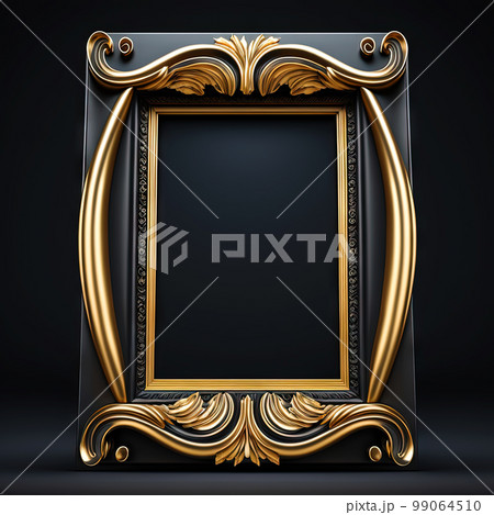 Golden ornamental frame on black bakcground. Retro golden frame with vintage ornament. Generative AI. 99064510