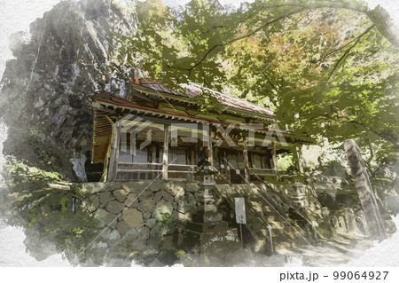 水彩画風　黒瀧山不動寺　不動堂　群馬県南牧村 99064927
