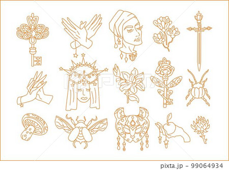 Mystic astrology icons. Hand drawn magic tarot signs, esoteric cult fairy design. Vector abstract symbols set 99064934
