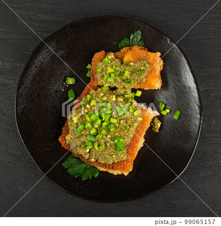 White Fish with Pesto, Grilled Cod Fillet with Green Sauce, Crispy Amritsari in Breadcrumbs, Pesto Fish 99065157