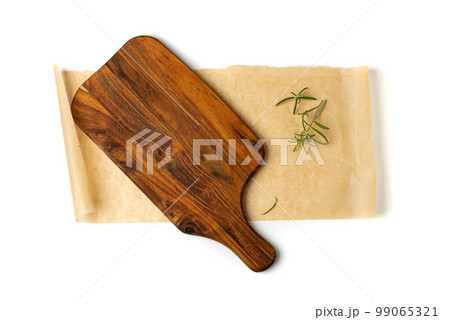 Wood Cutting Board Mockup Isolated, Vintage Chopping Board Background, Empty Cut Desk Top View 99065321