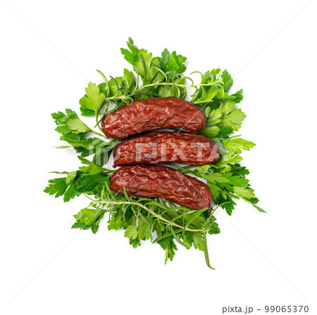Dry Smoked Sausages Isolated, Salami Sticks, Kielbasa, Cabanossi, Kabanos, Dry Embutido, Chorizo, Bratwurst 99065370