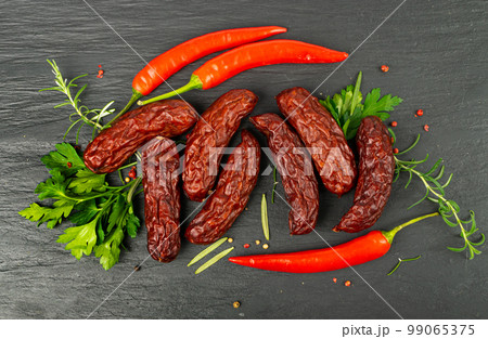 Dry Smoked Sausages, Salami Sticks, Kielbasa, Cabanossi, Kabanos, Dry Embutido, Chorizo, Bratwurst Sausage 99065375