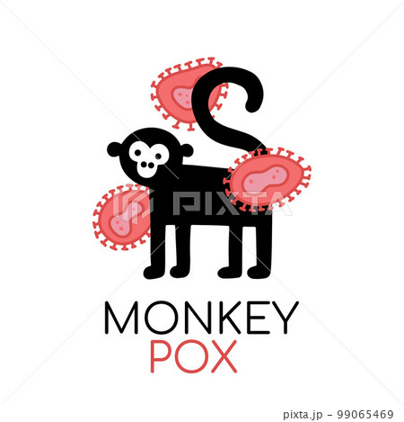 Monkey icon with virus cells. New Monkeypox 2022 virus - disease transmitted by monkey, ape. Vector simple flat style illustration isolated on white background Monkey icon with virus cells. New Monkeypox 2022 virus - disease transmitted by monkey, ape. Vector simple flat style illustration isolated on white background 99065469