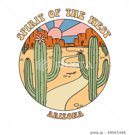 Spirit of the west roud badge - Grand Canyon landscape with mountains, rocks, stones and cactuses. Arizona state illustration for sticker or emblem with slogan in retro style. Vector illustration. 99065488