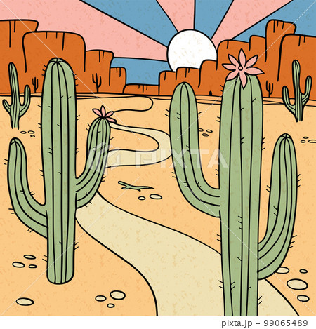 America wild west nature dusty desert landscape with arizona prairie, cactuses and canyon rocks. Outline vector hand drawn illustration background 99065489