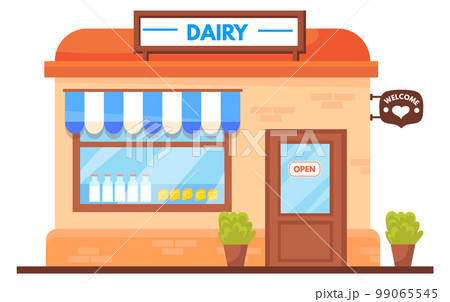 Dairy store facade. Cartoon grocery shop building 99065545