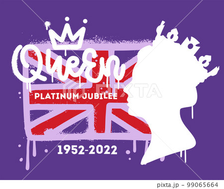 Urban graffiti for Queen Platinum Jubilee 1952-2022 with flag, female profile and crown. Greeting card for celebrate. Vector textured hand drawn illustration or banner, badge, flyer, brochure. Urban graffiti for Queen Platinum Jubilee 1952-2022 with flag, female profile and crown. Greeting card for celebrate. Vector textured hand drawn illustration or banner, badge, flyer, brochure. 99065664