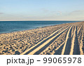 Sea coast. Wheel ruts on the sand. 99065978