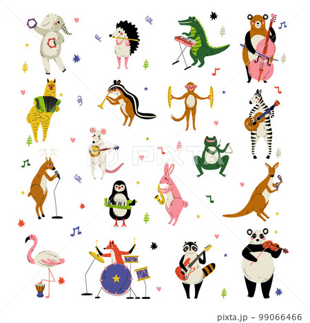 Funny Animal Musician Character Playing Musical Instrument Performing Concert Vector Set 99066466
