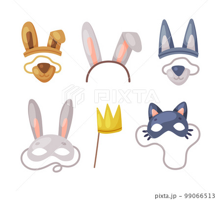 Colorful Party Birthday Photo Booth Prop with Crown, Hairband and Animal Mask Vector Set 99066513