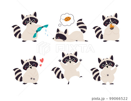 Cute Raccoon Character with Ringed Tail Engaged in Different Activity Vector Set Cute Raccoon Character with Ringed Tail Engaged in Different Activity Vector Set 99066522