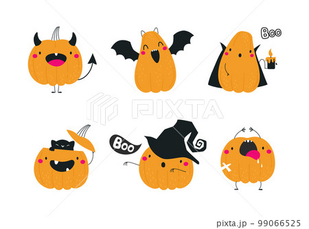 Cute Orange Pumpkin Character with Arm and Legs Having Fun at Halloween Holiday Vector Set 99066525