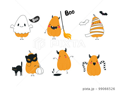 Cute Orange Pumpkin Character with Arm and Legs Having Fun at Halloween Holiday Vector Set 99066526