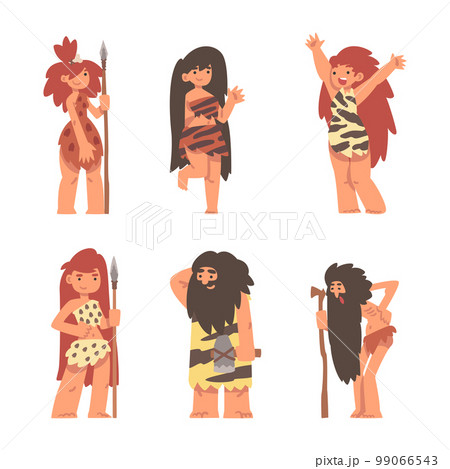 Primitive People Character from Stone Age Wearing Animal Skin Vector Set Primitive People Character from Stone Age Wearing Animal Skin Vector Set 99066543