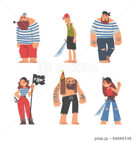 Pirate or Buccaneer Character with Saber and Striped Vest as Marine Robber Vector Set 99066546
