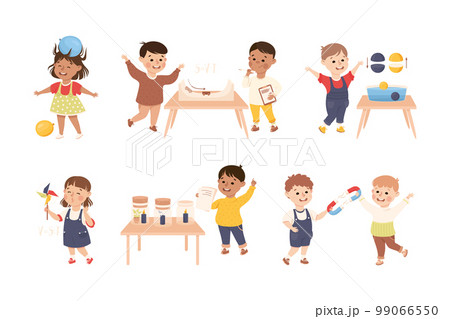 Little Children Working on Physics Science Experiment Vector Set 99066550
