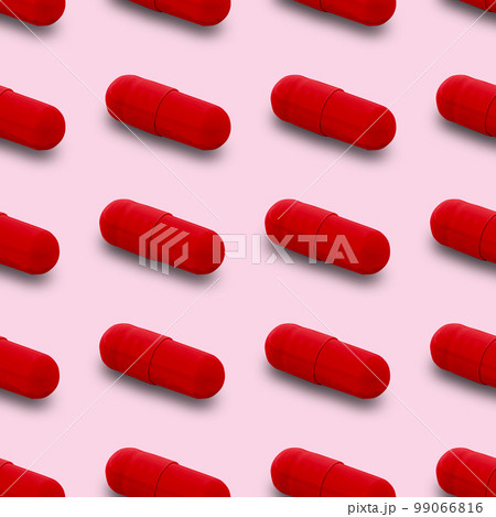 Gel capsule seamless pattern. Red capsule drug, pharmacy concept. food supplement, on pink 99066816