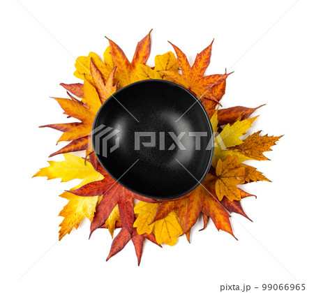Autumn Leaves Kitchen Mockup, Leaf Pile and Empty Plate Top View Autumn Leaves Kitchen Mockup, Leaf Pile and Empty Plate Top View 99066965