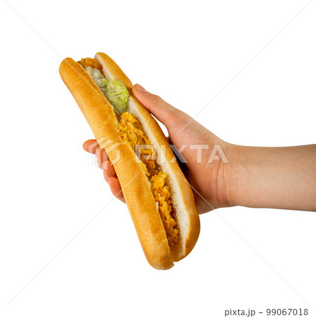 French Baguette Sandwich in Hand Isolated, Long Bread Loaf with Chicken Nuggets, Lettuce, Cucumbers French Baguette Sandwich in Hand Isolated, Long Bread Loaf with Chicken Nuggets, Lettuce, Cucumbers 99067018
