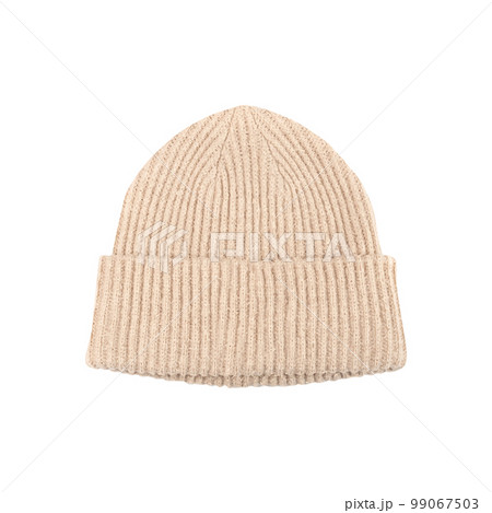 Winter Hat Isolated, Knitted Cap, Beige Winter Hat on White Back Winter Hat Isolated, Knitted Cap, Beige Winter Hat on White Back 99067503