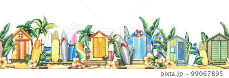 Beach houses on the sand with surfboards, palm trees, tropical leaves and flowers. Watercolor illustration. Seamless board from the SURFING collection. For decoration and design. 99067895