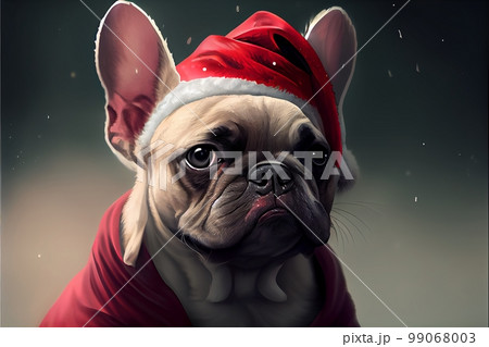 French bulldog, in red Santa Claus clothes and a hat, close-up, sitting under a light snowfall. French bulldog, in red Santa Claus clothes and a hat, close-up, sitting under a light snowfall. 99068003