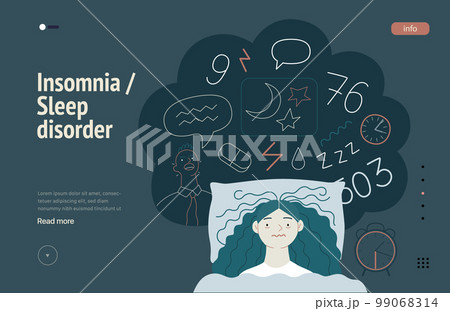 Mental disorders web template. Insomnia, sleep disorder - modern flat vector illustration of a woman meeting with a sleep disorder trying to fall asleep. People emotional, psychological, mental 99068314
