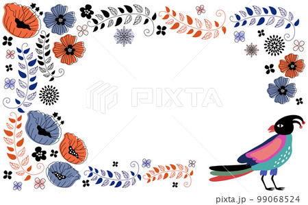 北欧風の花と鳥のおしゃれな手描きフレーム 99068524