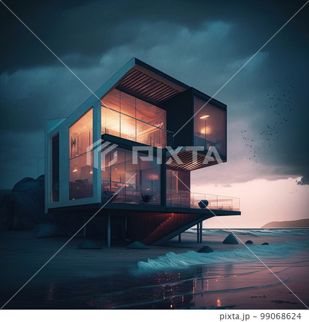 Small luxury modern beach house. Beach house. Modern architecture. Villa by the sea 99068624