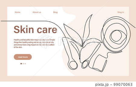 Skin care concept. Landing page template. Morning routine. Bath time. Organic products for scrubbing and body skin care with natural herbal skin care products, top view. Vector illustration Skin care concept. Landing page template. Morning routine. Bath time. Organic products for scrubbing and body skin care with natural herbal skin care products, top view. Vector illustration 99070063